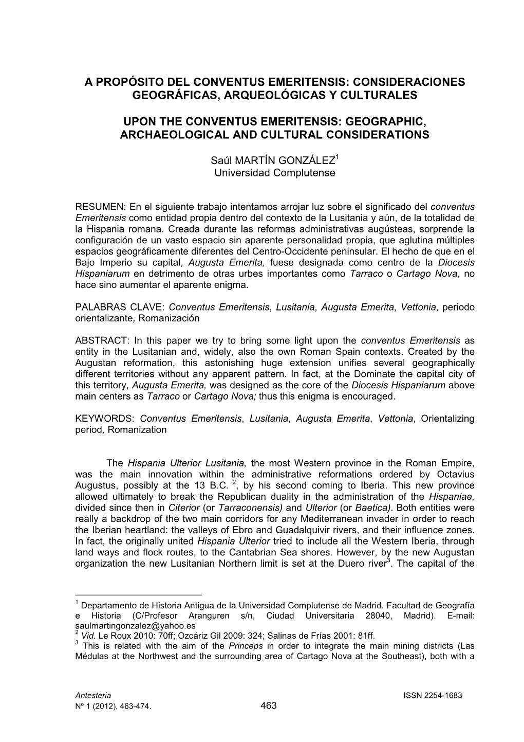 A Propósito Del Conventus Emeritensis: Consideraciones Geográficas, Arqueológicas Y Culturales