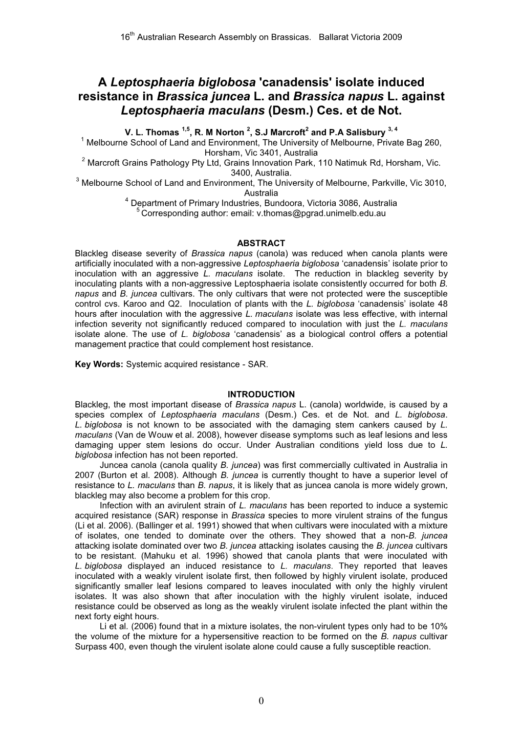 A Leptosphaeria Biglobosa 'Canadensis' Isolate Induced Resistance in Brassica Juncea L