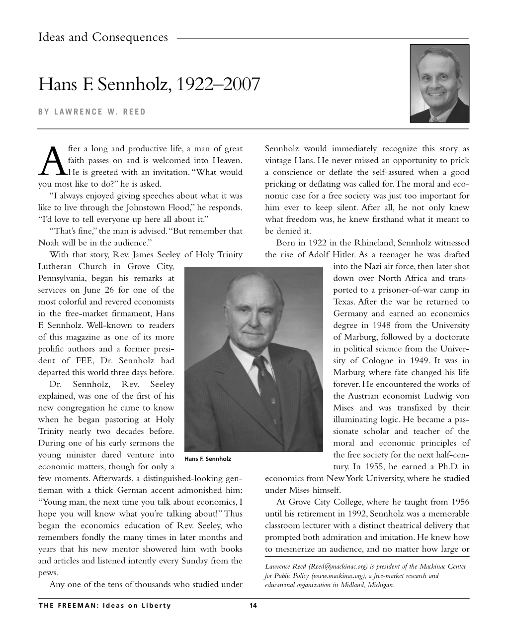 Hans F. Sennholz, 1922–2007
