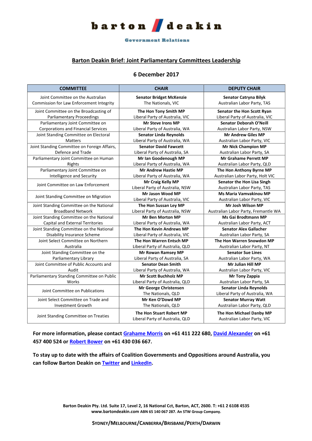 Barton Deakin Brief: Joint Parliamentary Committees Leadership 6