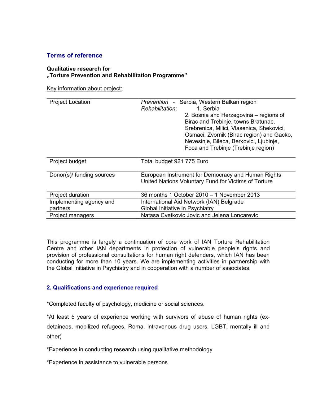 Torture Prevention and Rehabilitation Programme”