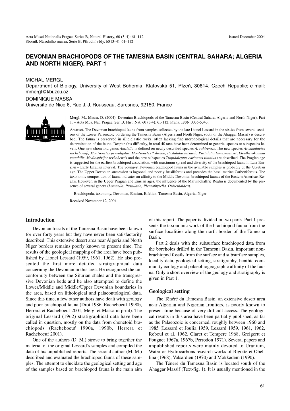 Devonian Brachiopods of the Tamesna Basin (Central Sahara; Algeria and North Niger)