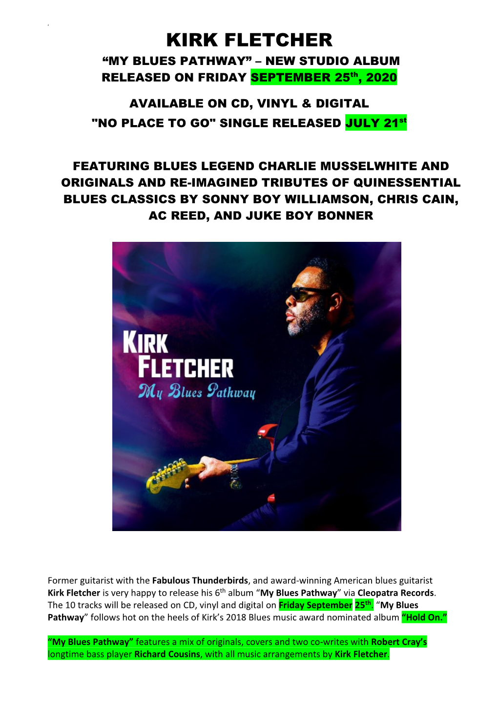 KIRK FLETCHER “MY BLUES PATHWAY” – NEW STUDIO ALBUM RELEASED on FRIDAY SEPTEMBER 25Th, 2020