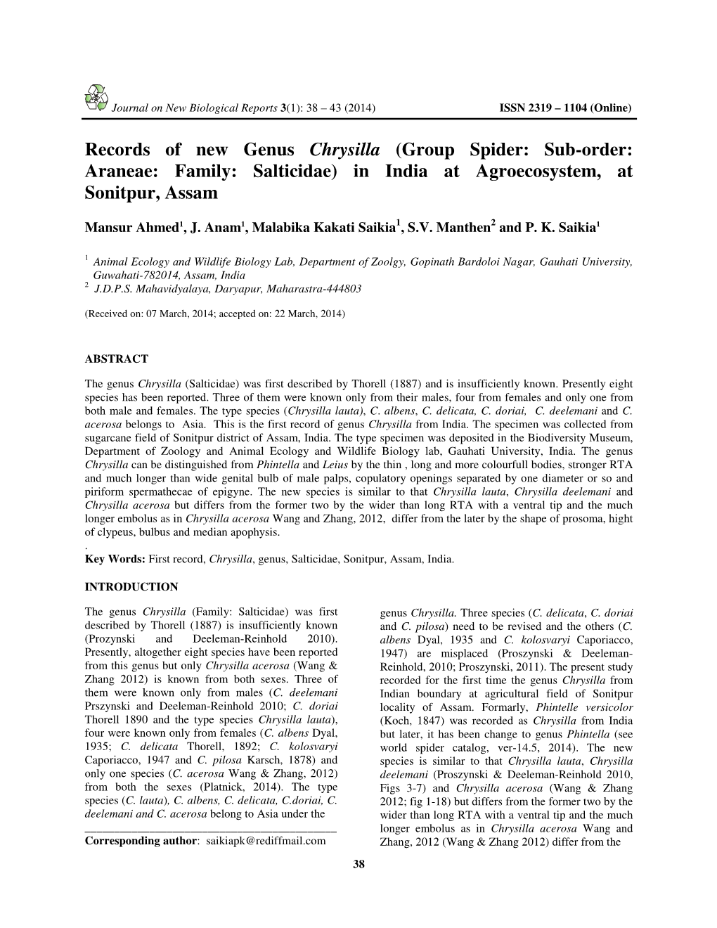 Records of New Genus Chrysilla (Group Spider: Sub-Order: Araneae: Family: Salticidae) in India at Agroecosystem, at Sonitpur, Assam