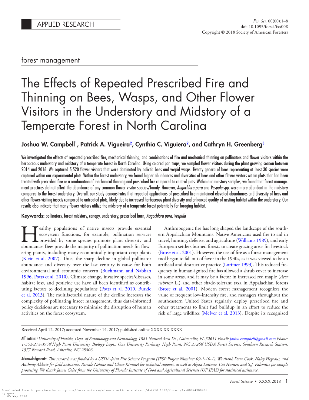 The Effects of Repeated Prescribed Fire and Thinning on Bees, Wasps, and Other Flower Visitors in the Understory and Midstory of a Temperate Forest in North Carolina