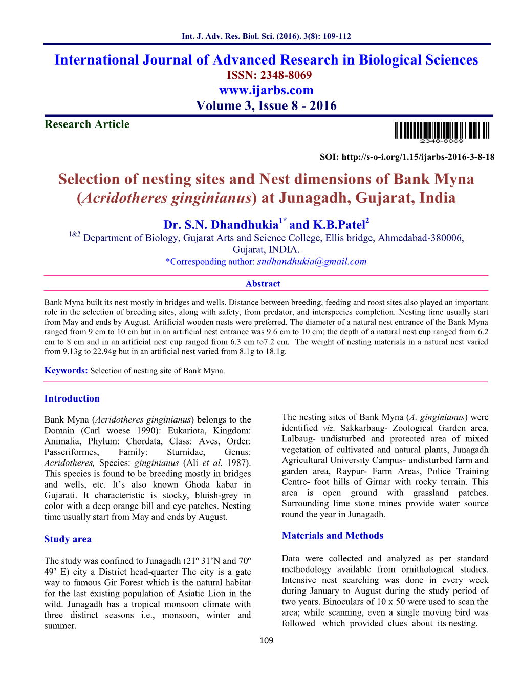 Selection of Nesting Sites and Nest Dimensions of Bank Myna (Acridotheres Ginginianus) at Junagadh, Gujarat, India Dr