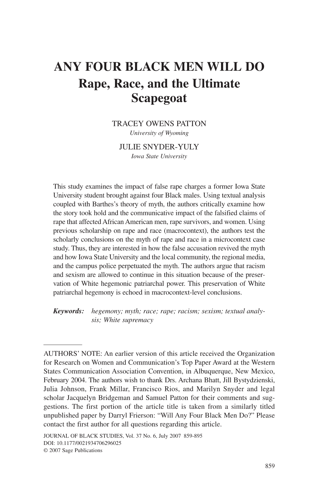 Any Four Black Men Will Do. Rape, Race, and the Ultimate Scapegoat