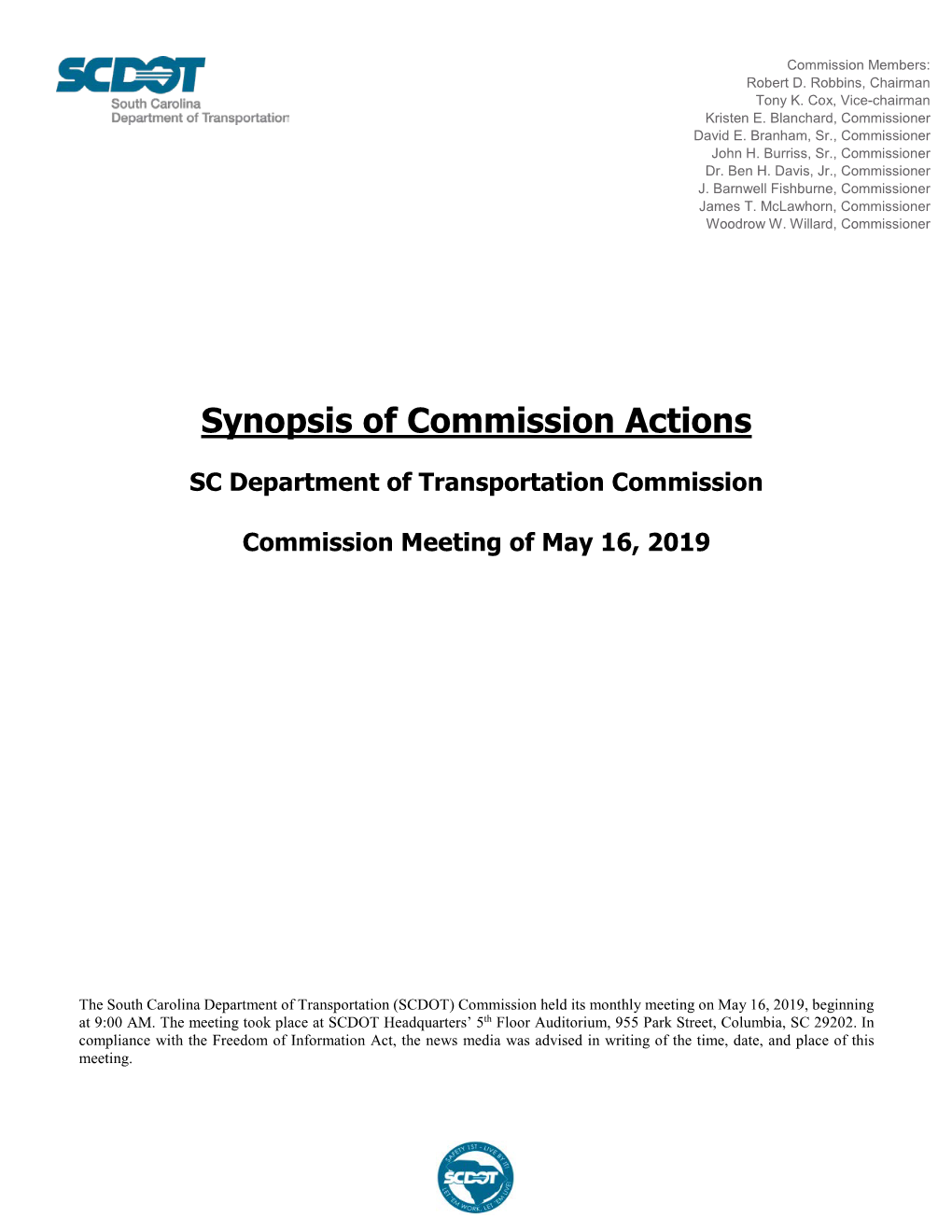 Synopsis of Commission Actions