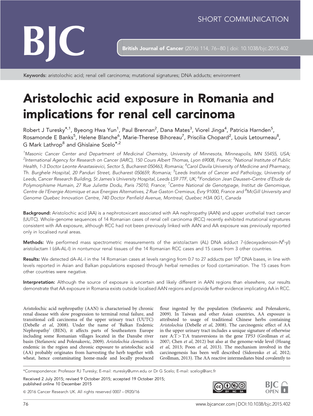 Aristolochic Acid Exposure in Romania and Implications for Renal Cell Carcinoma