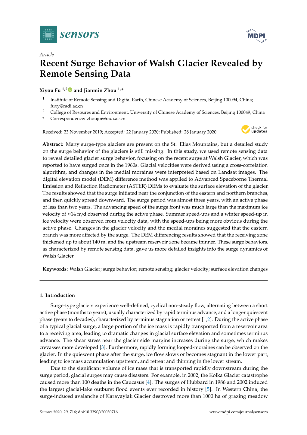 Recent Surge Behavior of Walsh Glacier Revealed by Remote Sensing Data