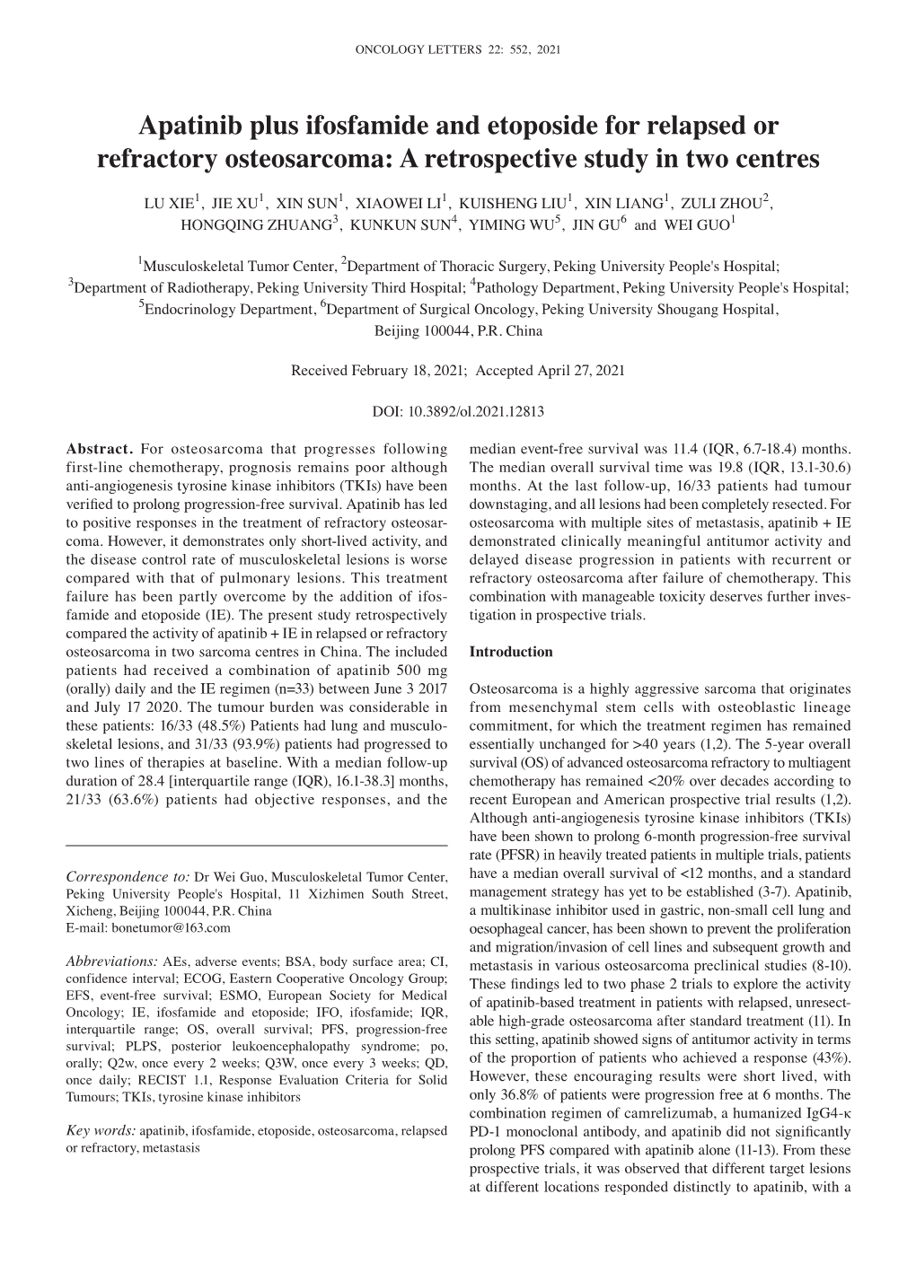 Apatinib Plus Ifosfamide and Etoposide for Relapsed Or Refractory Osteosarcoma: a Retrospective Study in Two Centres