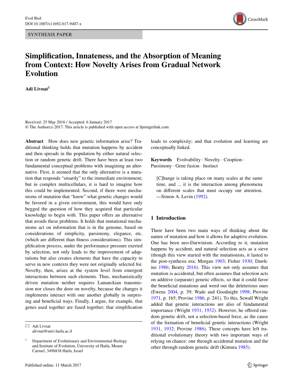 Simplification, Innateness, and the Absorption of Meaning from Context: How Novelty Arises from Gradual Network Evolution