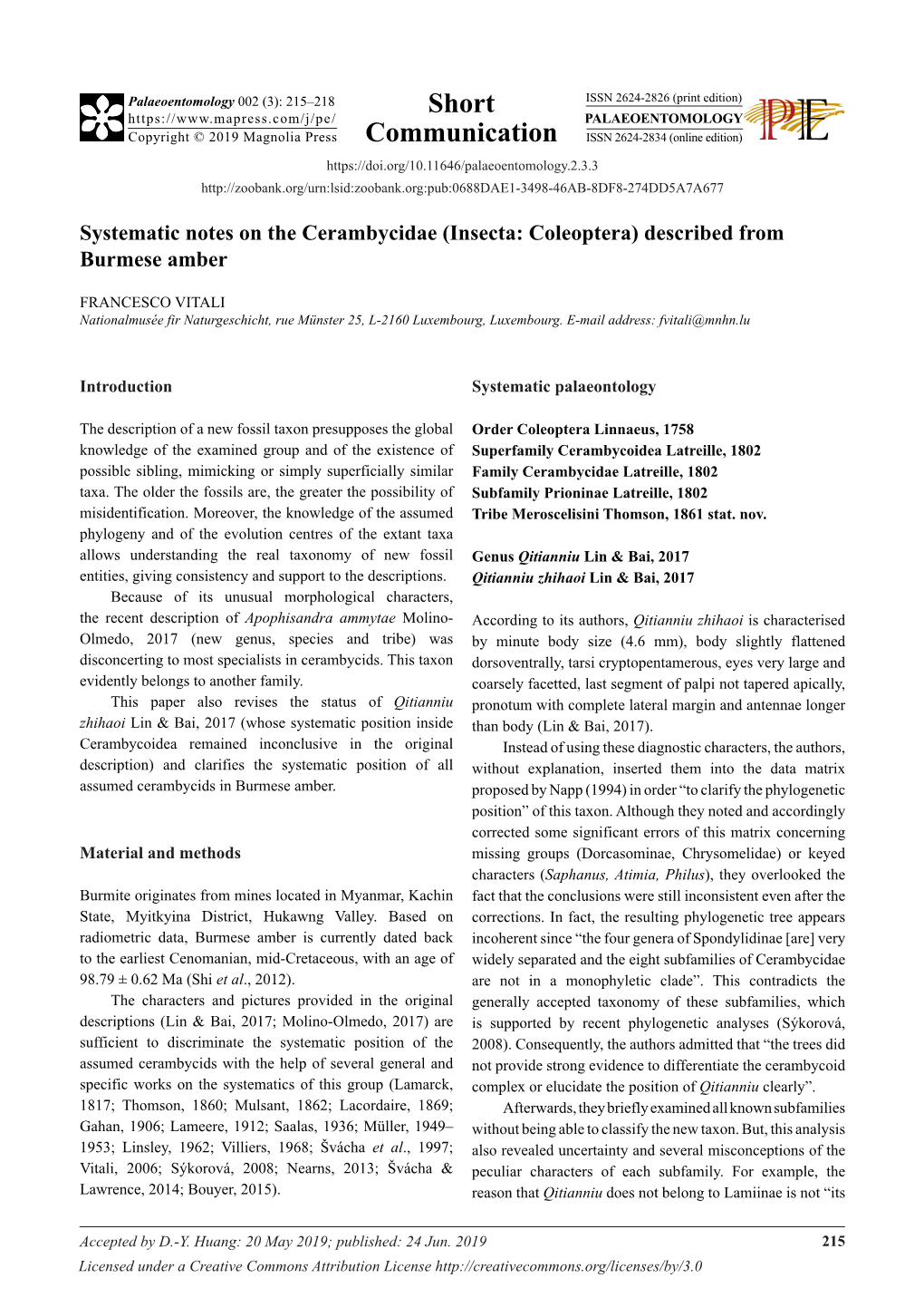 Systematic Notes on the Cerambycidae (Insecta: Coleoptera) Described from Burmese Amber