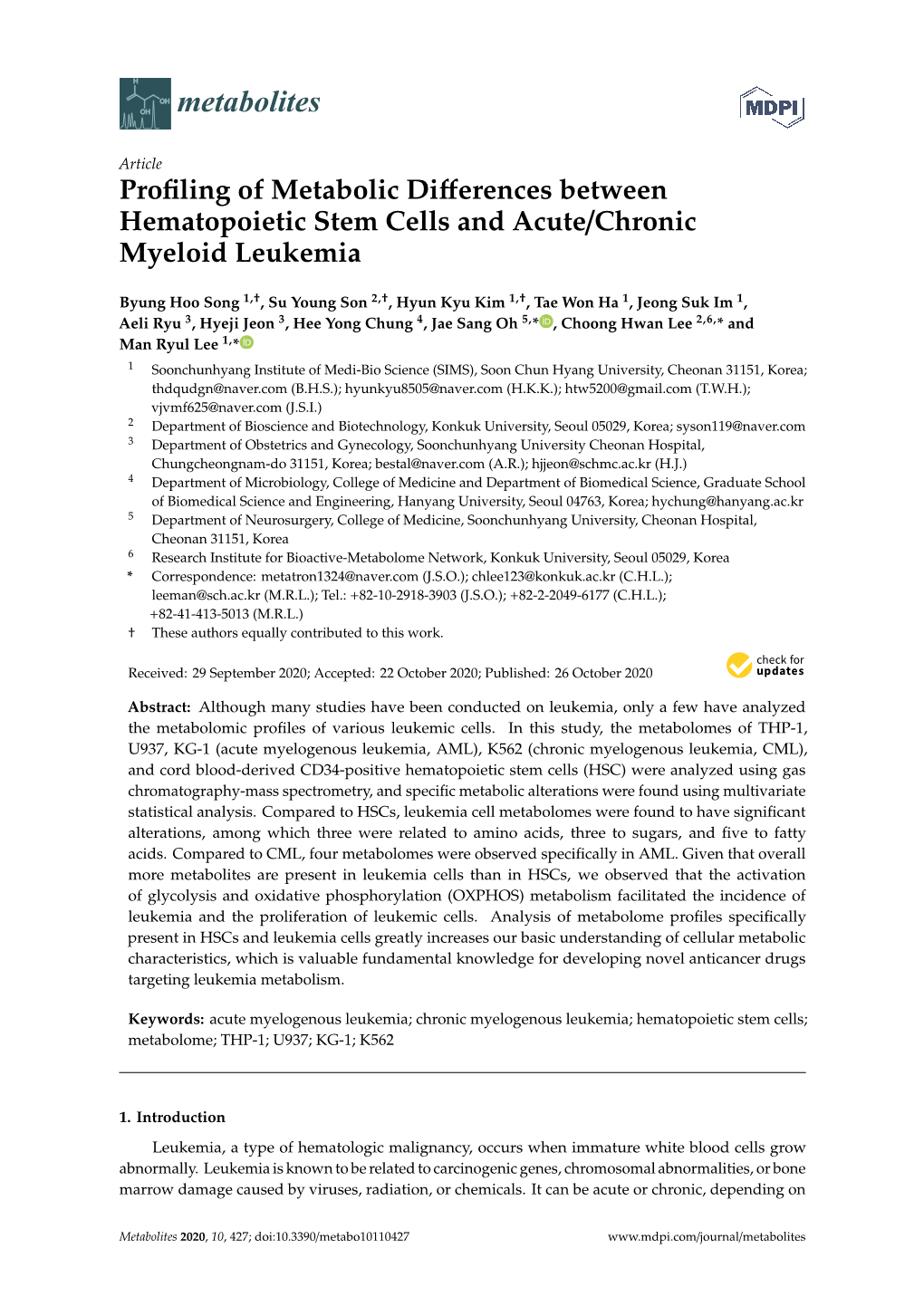 Profiling of Metabolic Differences Between Hematopoietic Stem Cells