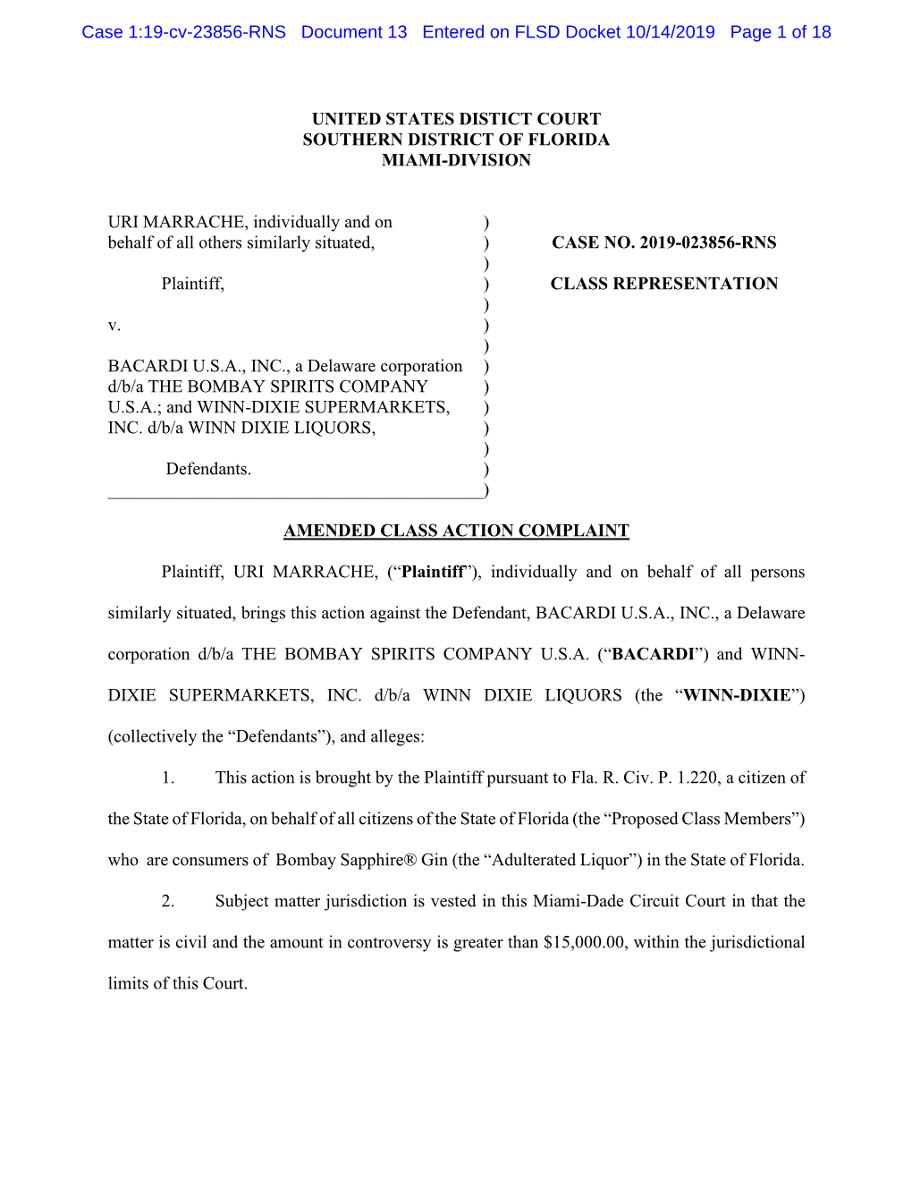 Case 1:19-Cv-23856-RNS Document 13 Entered on FLSD Docket 10/14/2019 Page 1 of 18