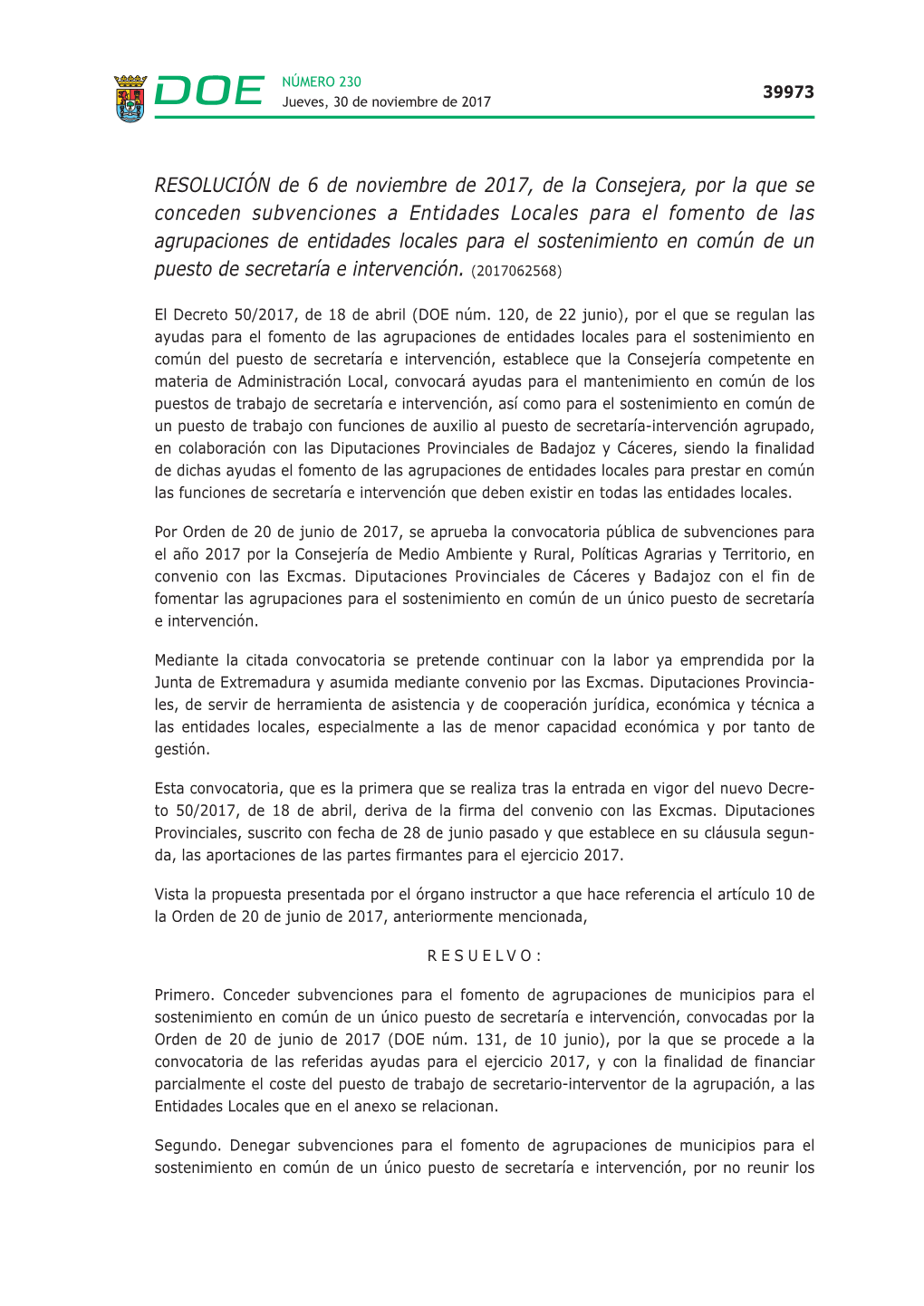 RESOLUCIÓN De 6 De Noviembre De 2017, De La Consejera, Por La Que