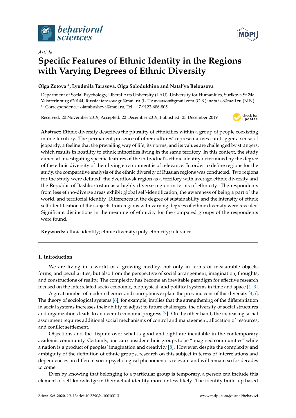 Specific Features of Ethnic Identity in the Regions with Varying Degrees