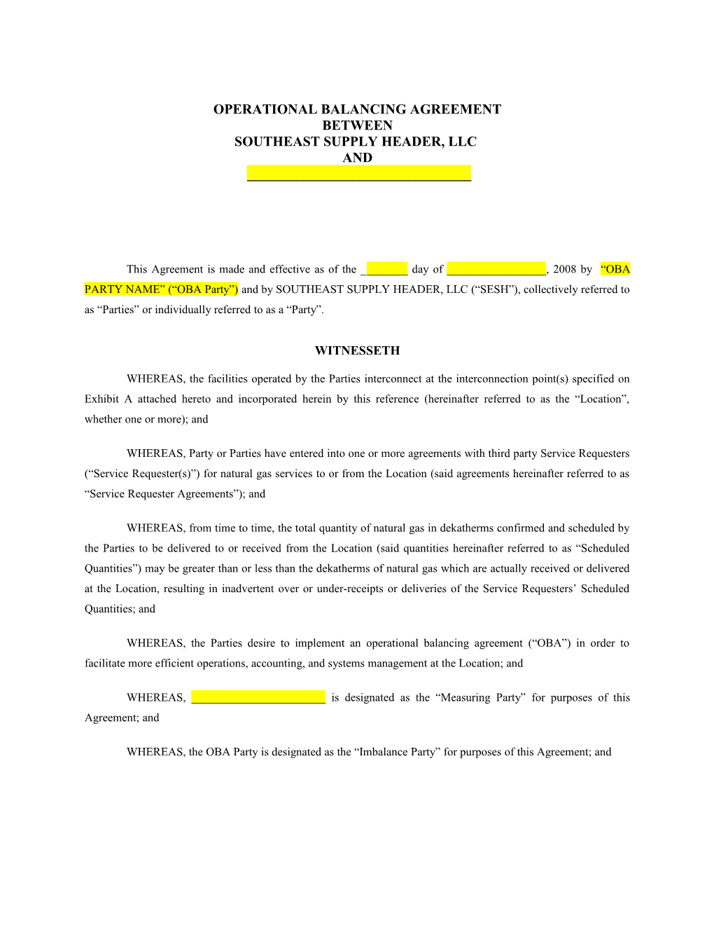 Form of Service Agreement for Operational Balancing Agreement