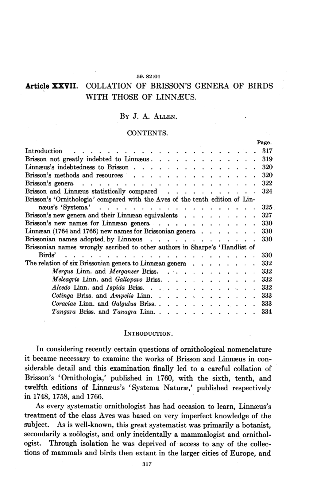 Collation of Brisson's Genera of Birds with Those of Linnaeus