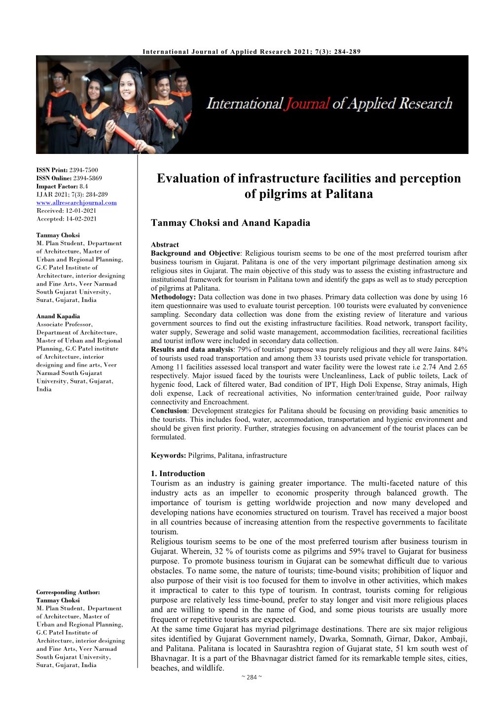 Evaluation of Infrastructure Facilities and Perception of Pilgrims at Palitana