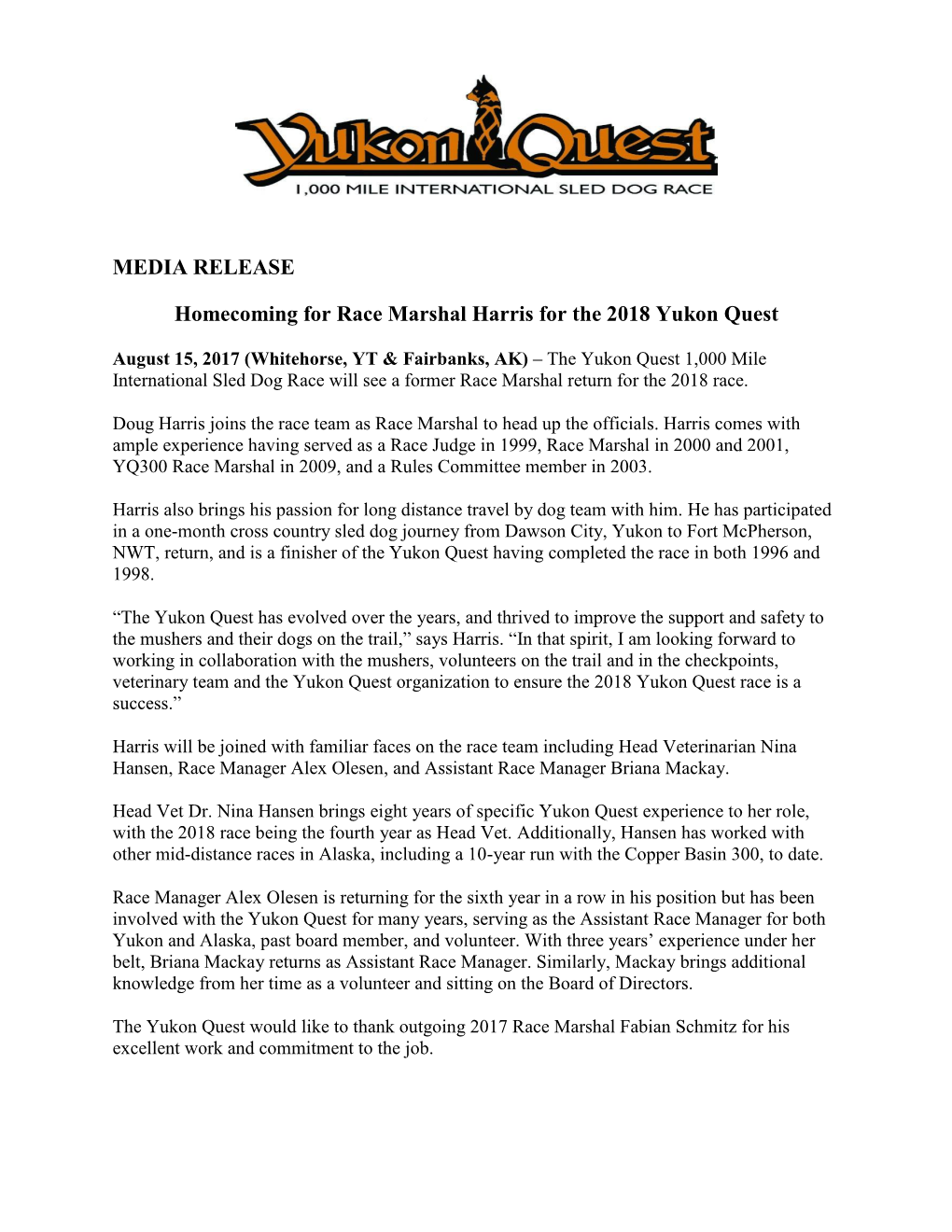 MEDIA RELEASE Homecoming for Race Marshal