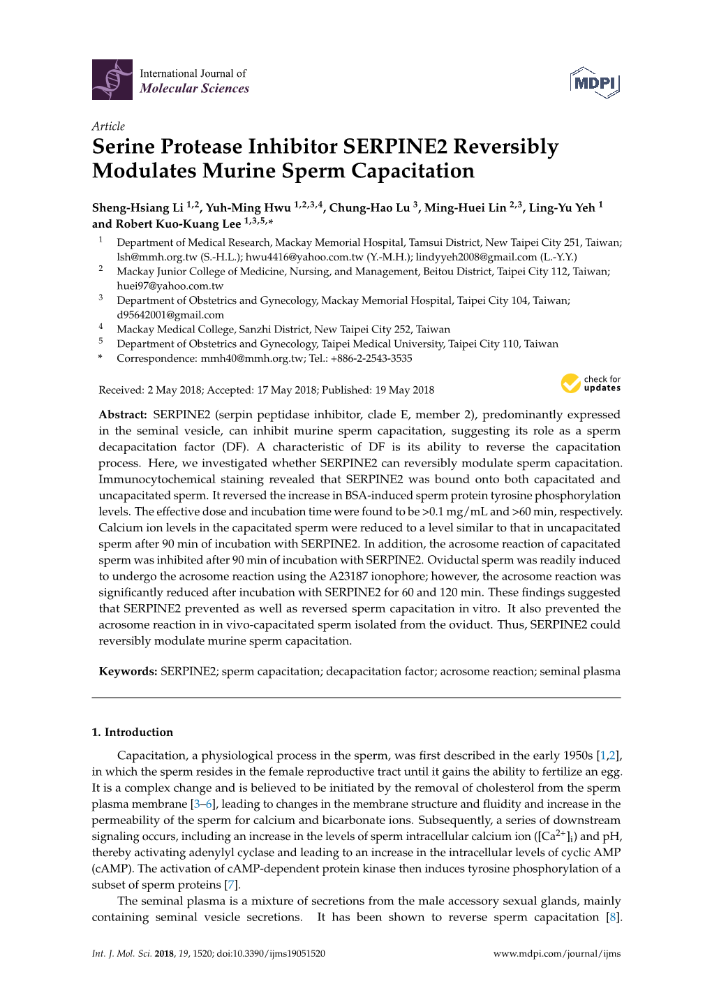 Serine Protease Inhibitor SERPINE2 Reversibly Modulates Murine Sperm Capacitation