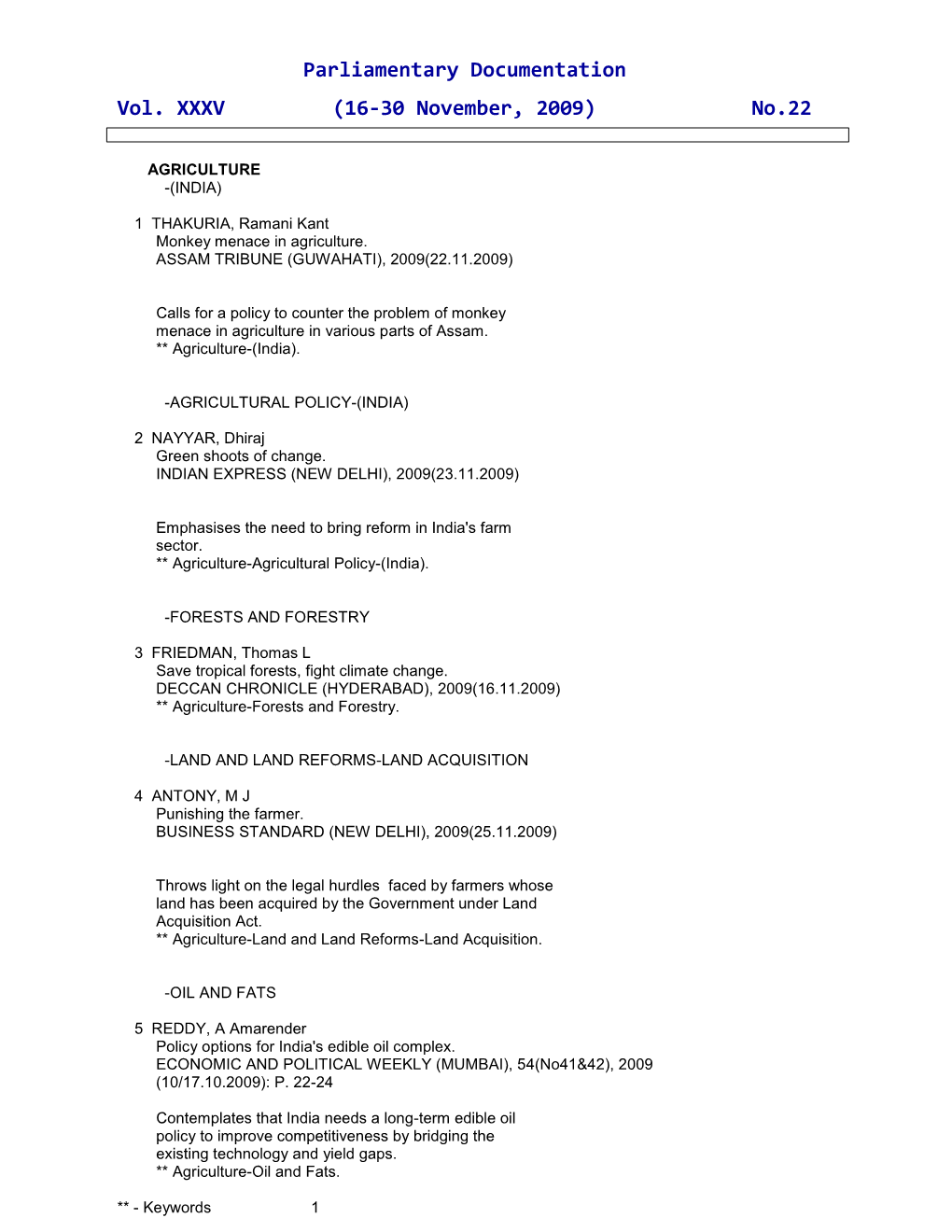 Parliamentary Documentation Vol. XXXV (16-30 November, 2009) No.22