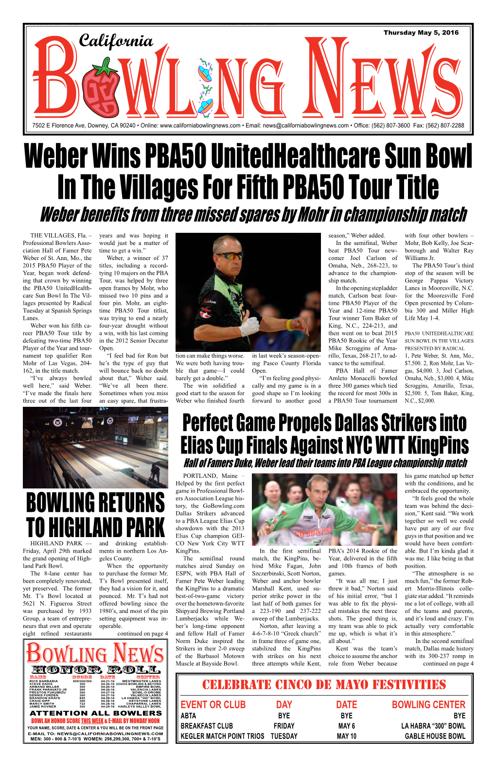Weber Wins Pba50 Unitedhealthcare Sun Bowl in the Villages for Fifth Pba50 Tour Title