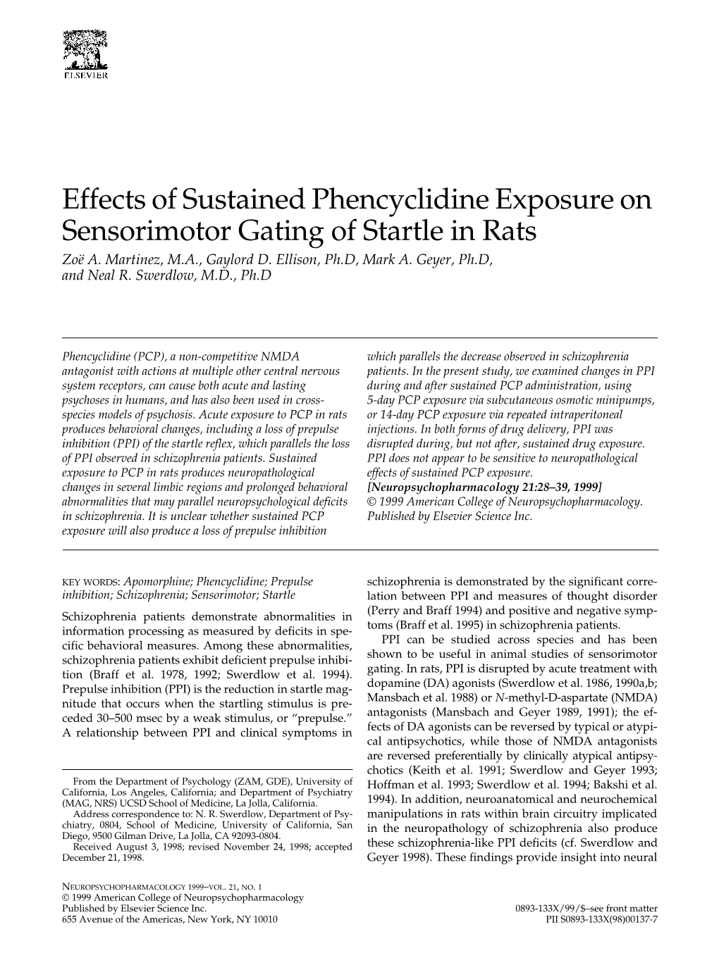 Effects of Sustained Phencyclidine Exposure on Sensorimotor Gating of Startle in Rats Zoë A