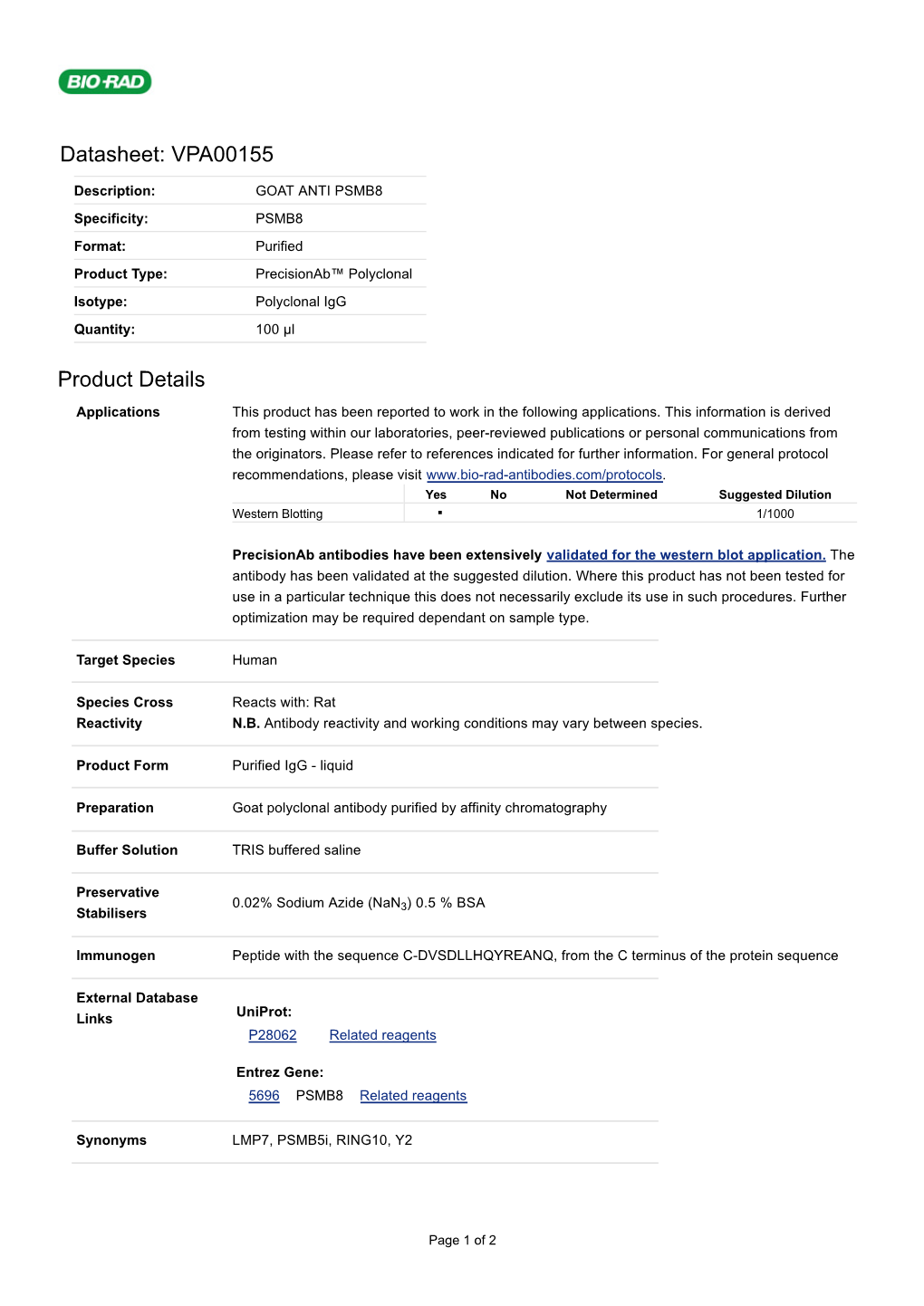 Datasheet: VPA00155 Product Details