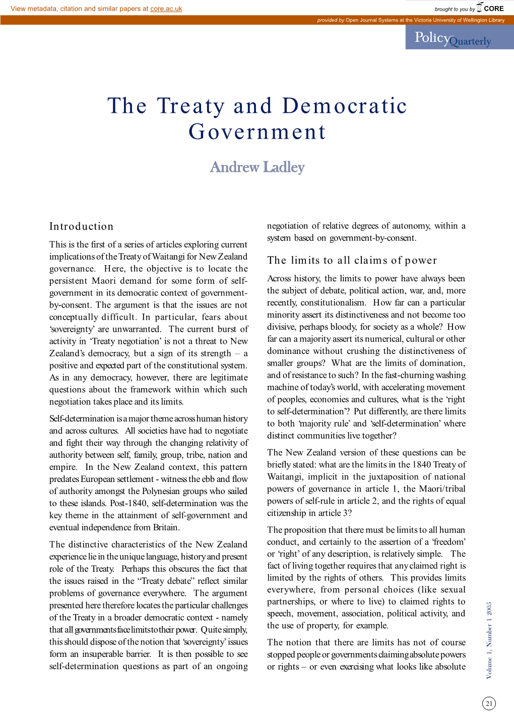 The Treaty and Democratic Government Andrew Ladley