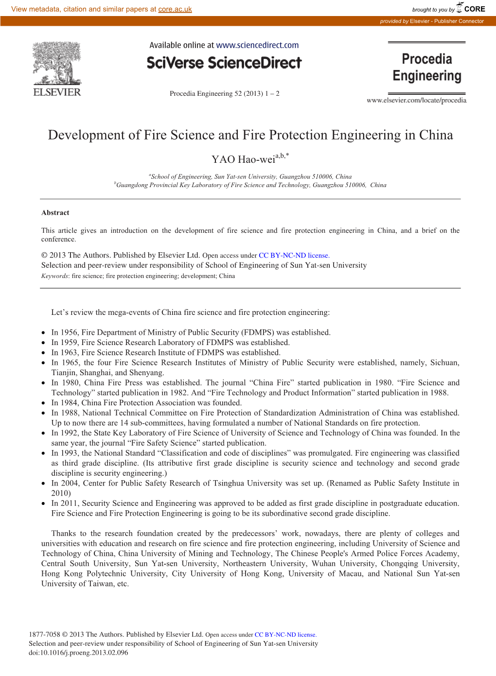 Development of Fire Science and Fire Protection Engineering in China