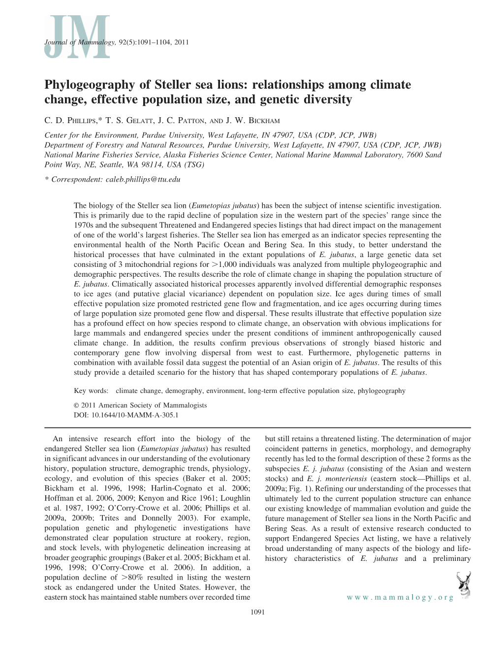 Phylogeography of Steller Sea Lions: Relationships Among Climate Change, Effective Population Size, and Genetic Diversity