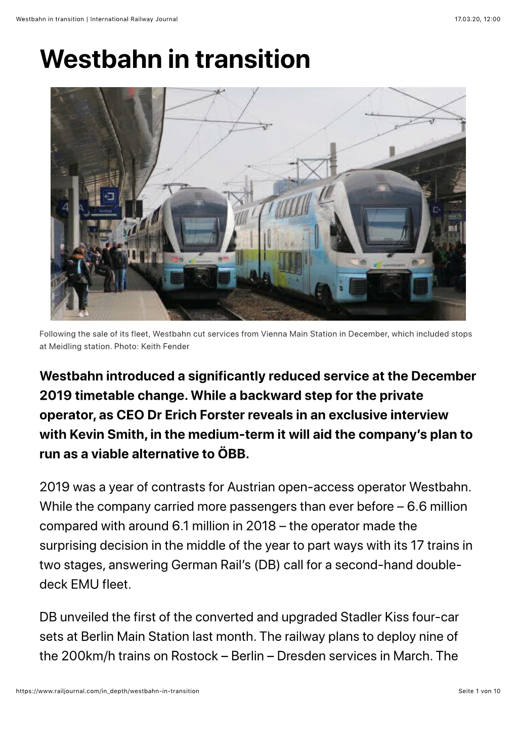 Westbahn in Transition | International Railway Journal 17.03.20, 12�00 Westbahn in Transition