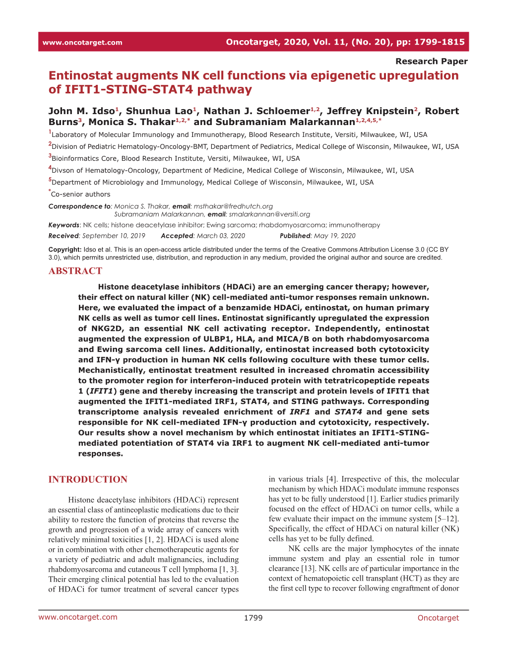 Entinostat Augments NK Cell Functions Via Epigenetic Upregulation of IFIT1-STING-STAT4 Pathway