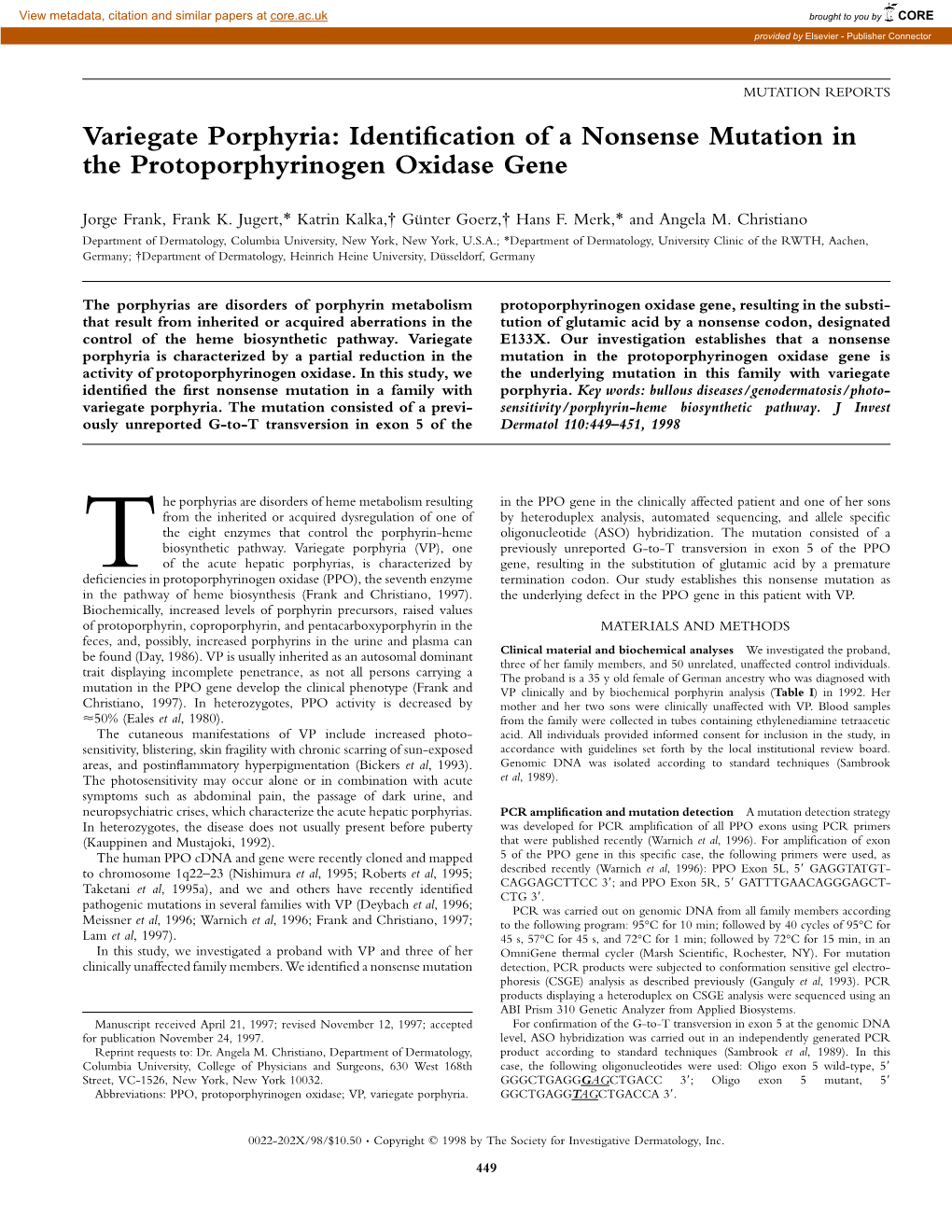 Variegate Porphyria: Identification of a Nonsense Mutation in The