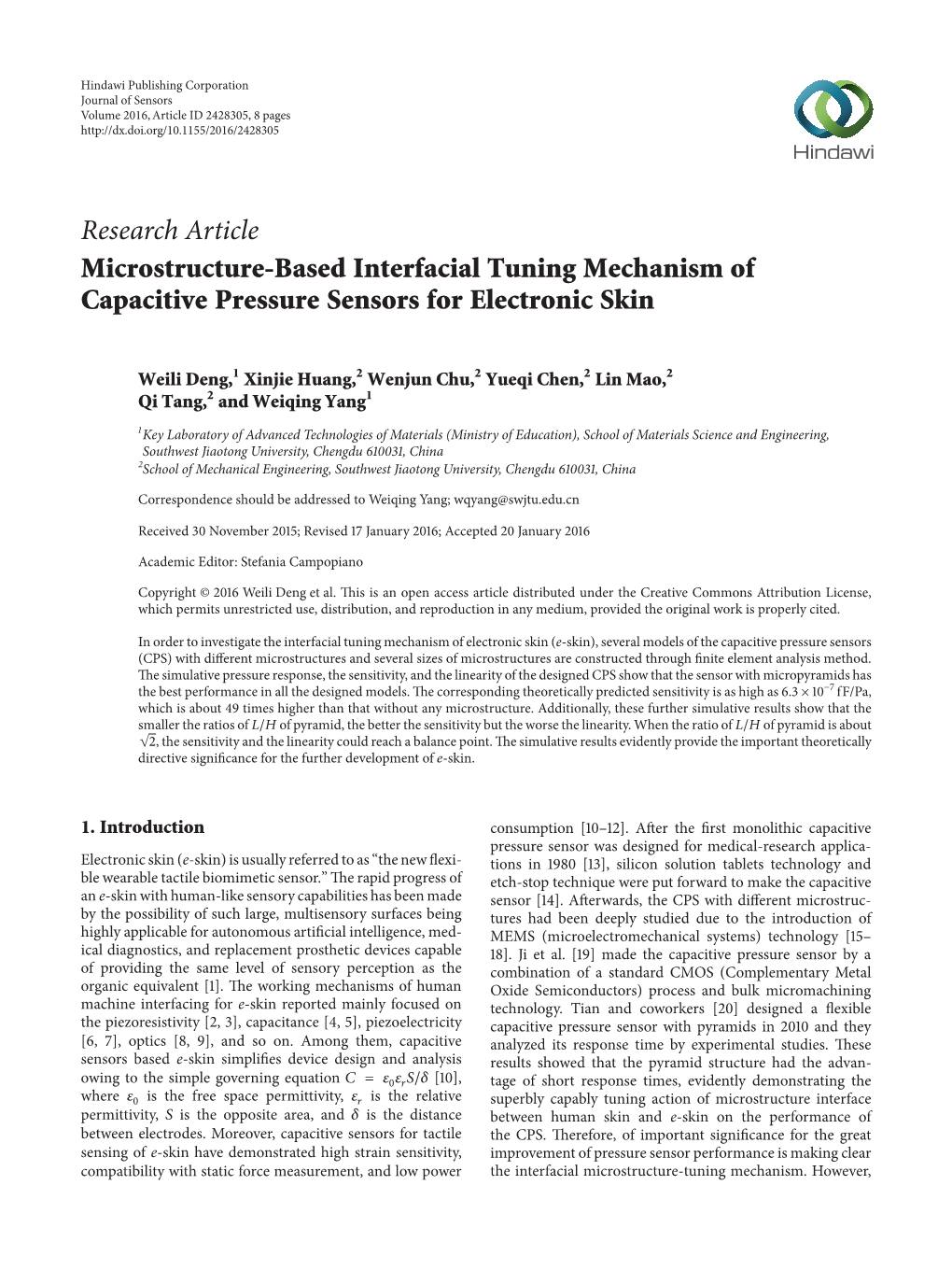 Research Article Microstructure-Based Interfacial Tuning Mechanism of Capacitive Pressure Sensors for Electronic Skin