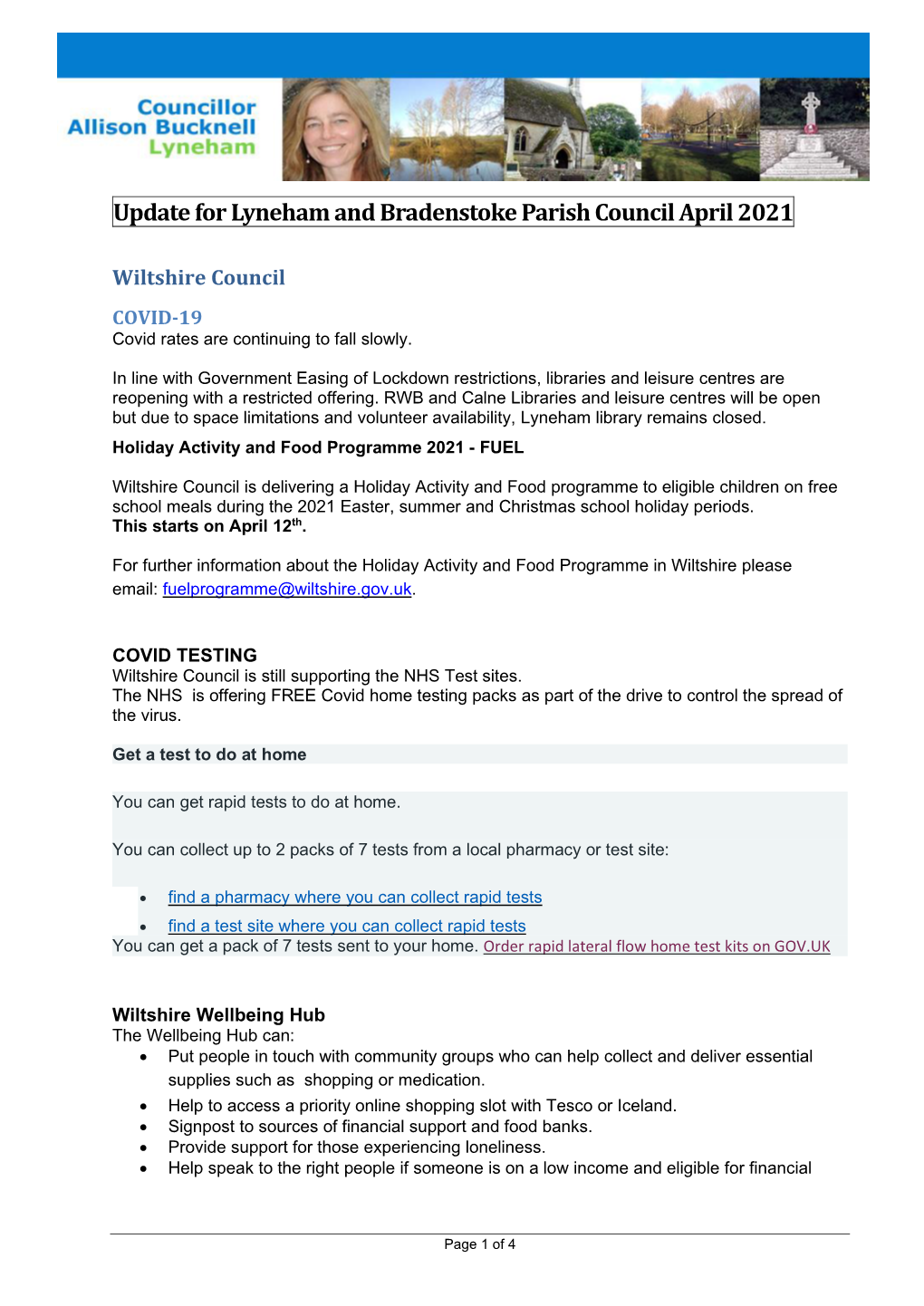 Update for Lyneham and Bradenstoke Parish Council April 2021