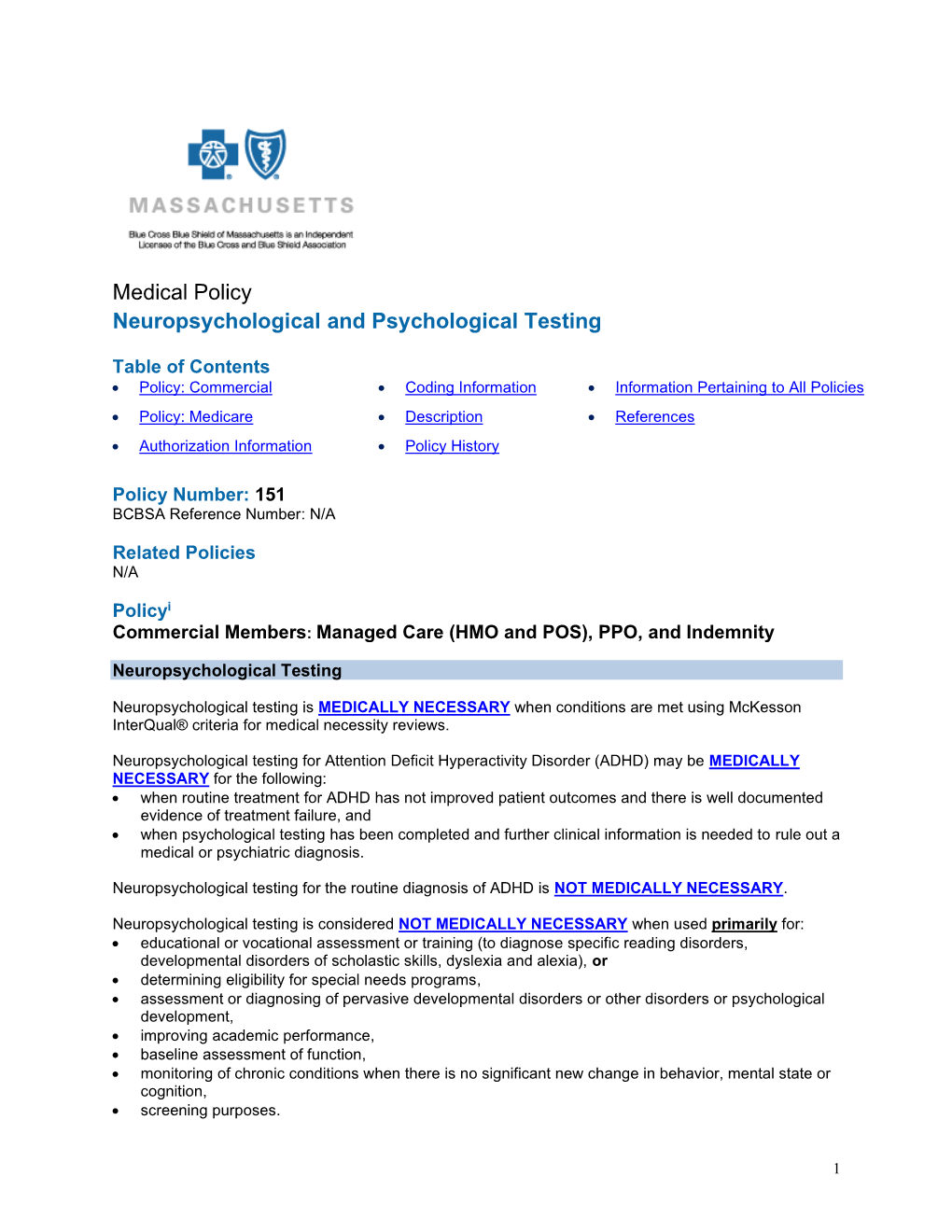 Medical Policy Neuropsychological and Psychological Testing