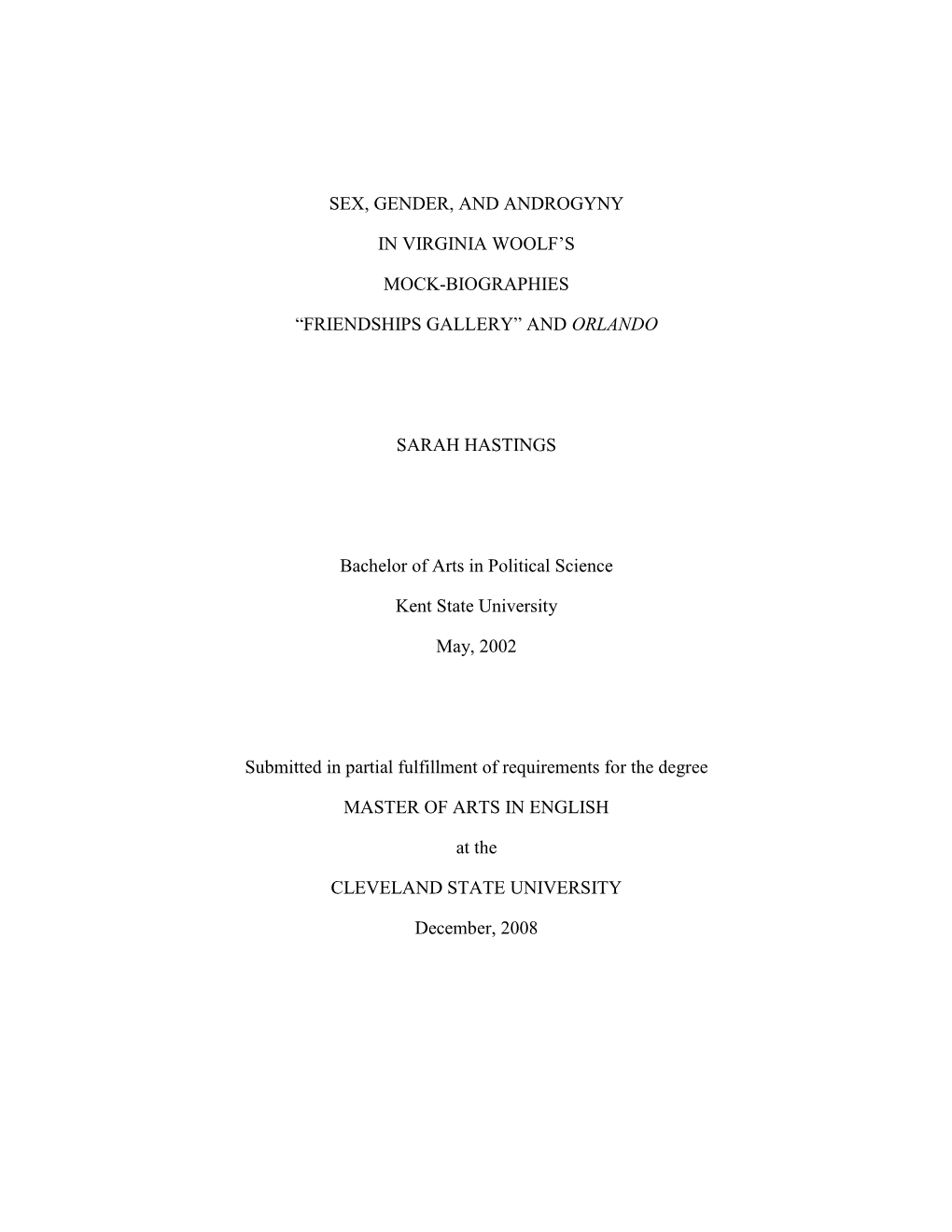 Sex, Gender, and Androgyny in Virginia Woolf‟S Mock