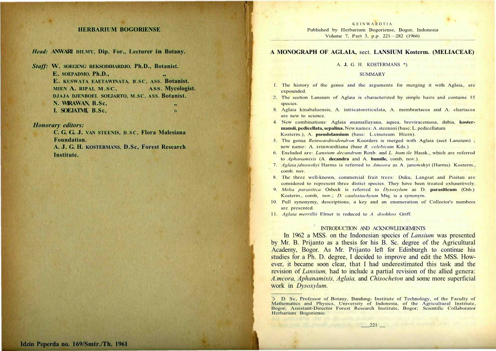 Honorary Editors: in 1962 a MSS. on the Indonesian Species of Lansium