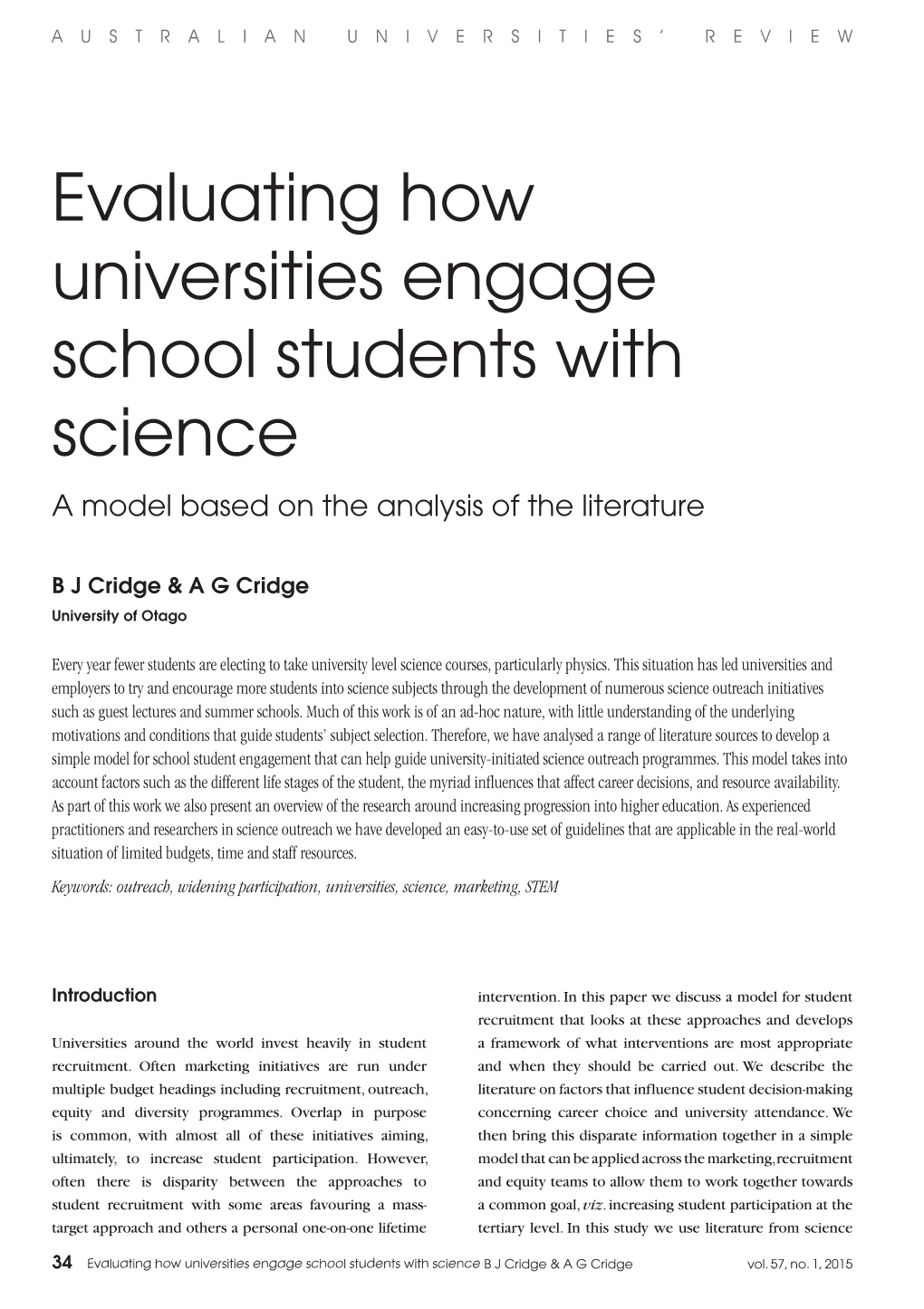 Evaluating How Universities Engage School Students with Science a Model Based on the Analysis of the Literature