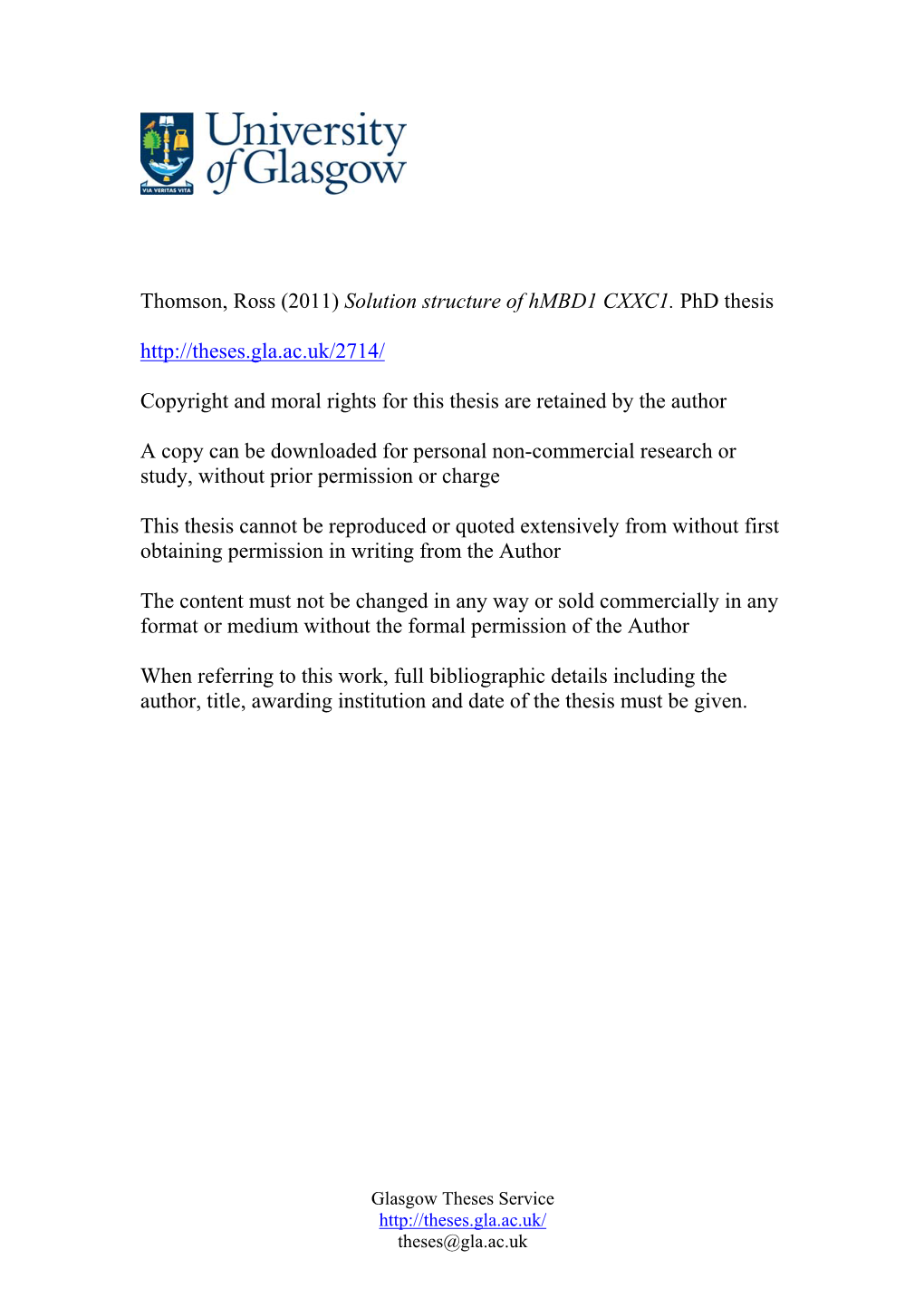 Thomson, Ross (2011) Solution Structure of Hmbd1 CXXC1. Phd Thesis