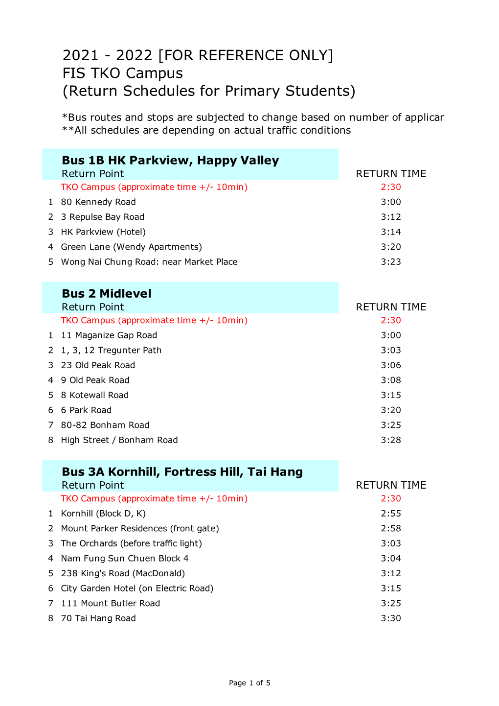 TKO Bus Routes 2021-22 (Tentative)