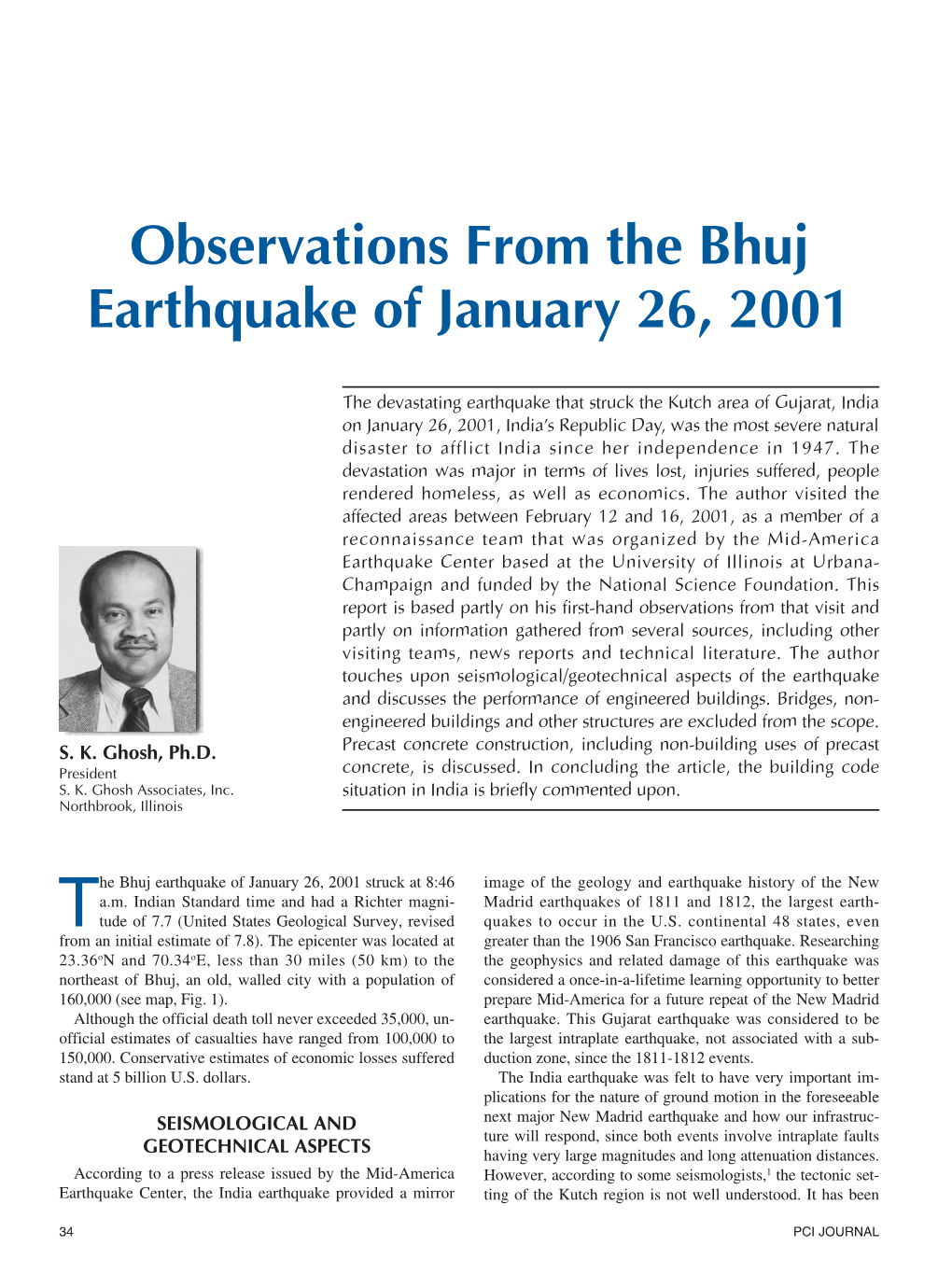 Observations from the Bhuj Earthquake of January 26, 2001