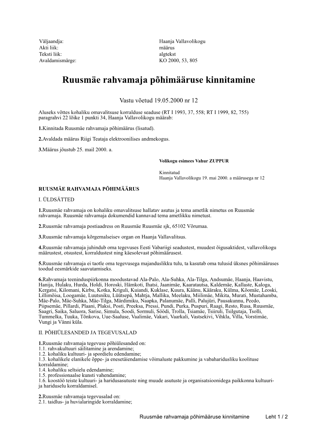 Ruusmäe Rahvamaja Põhimääruse Kinnitamine