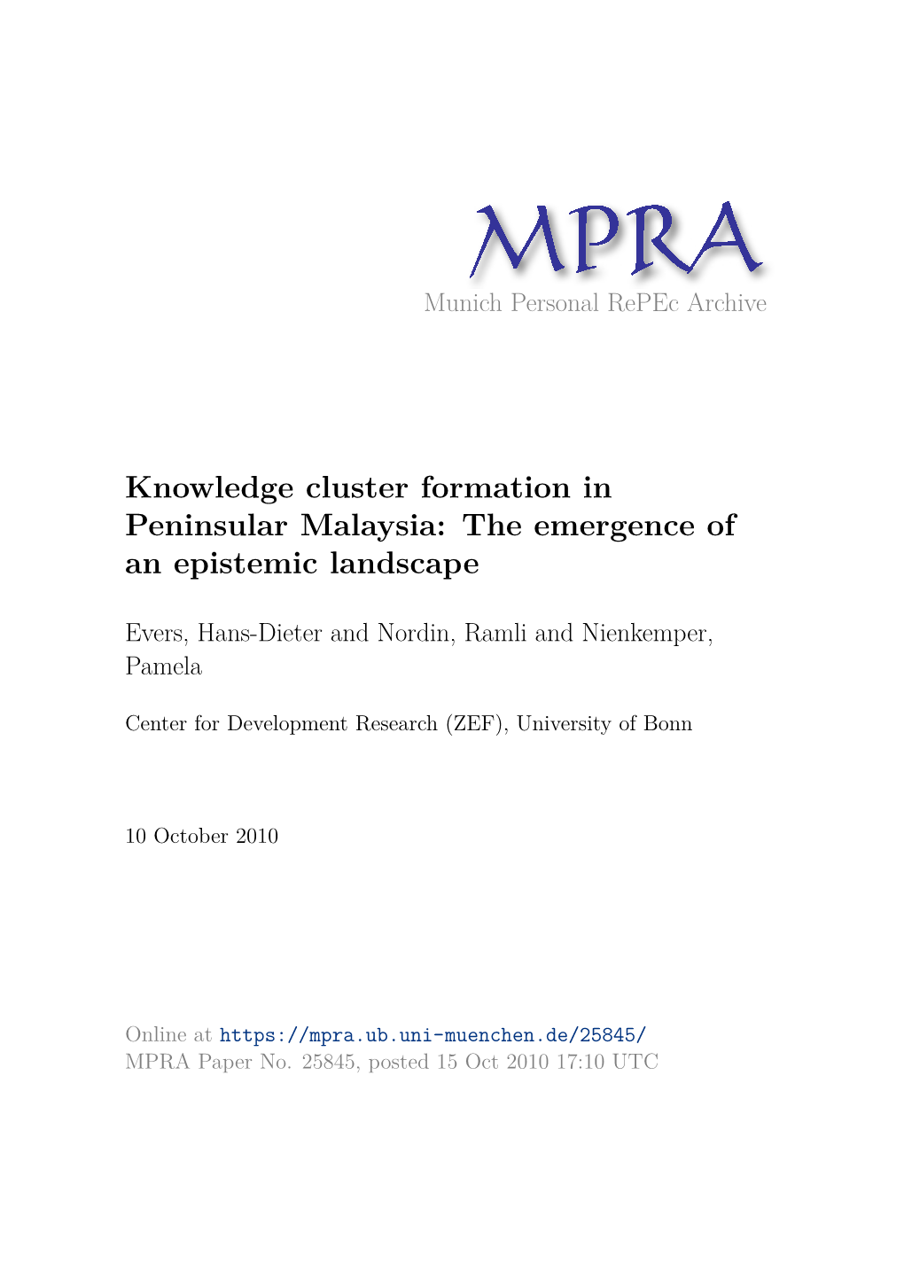 Knowledge Cluster Formation in Peninsular Malaysia: the Emergence of an Epistemic Landscape