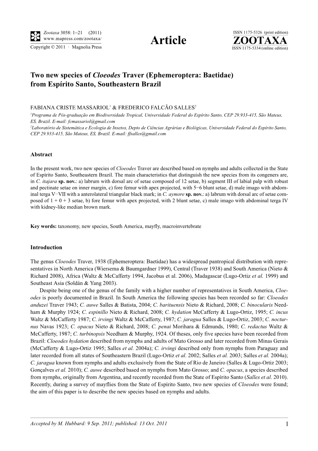 Two New Species of Cloeodes Traver (Ephemeroptera: Baetidae) from Espírito Santo, Southeastern Brazil