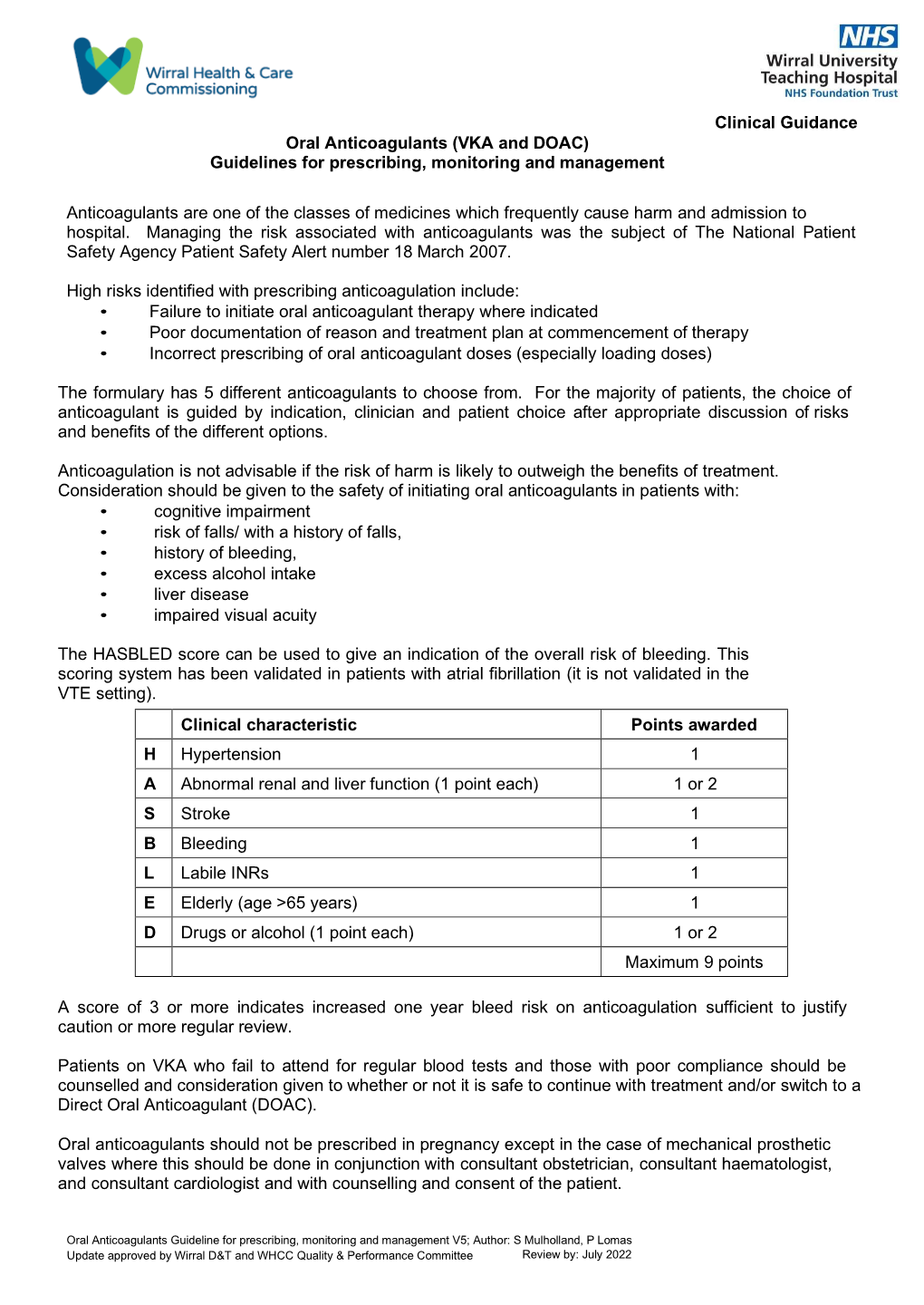 Oral Anticoagulants (VKA and DOAC) Guidelines for Prescribing, Monitoring and Management