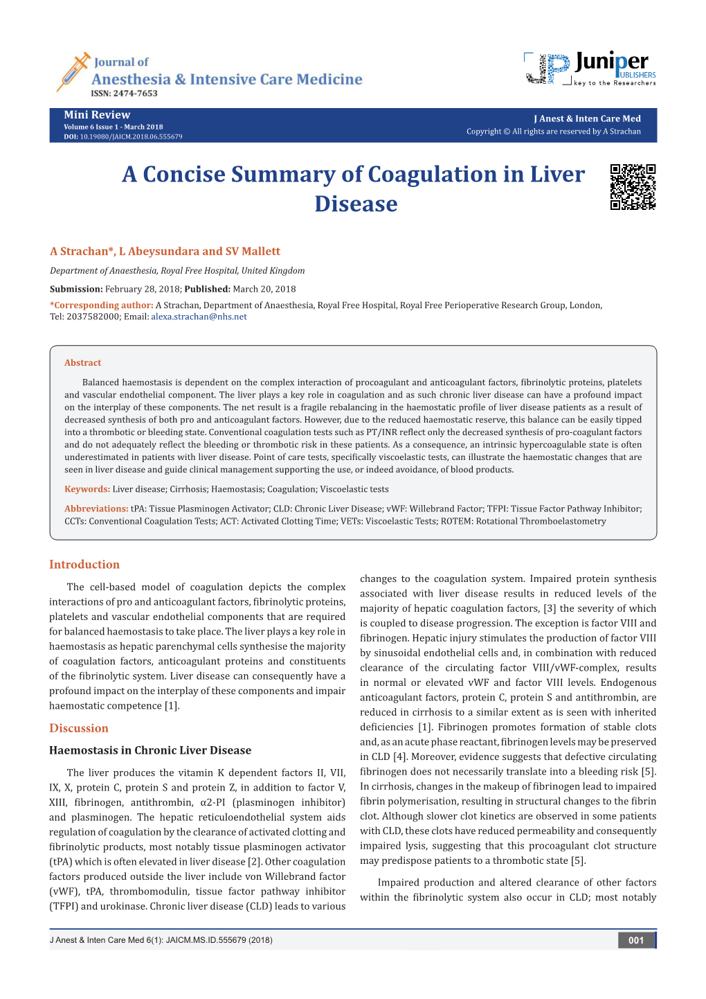 A Concise Summary of Coagulation in Liver Disease